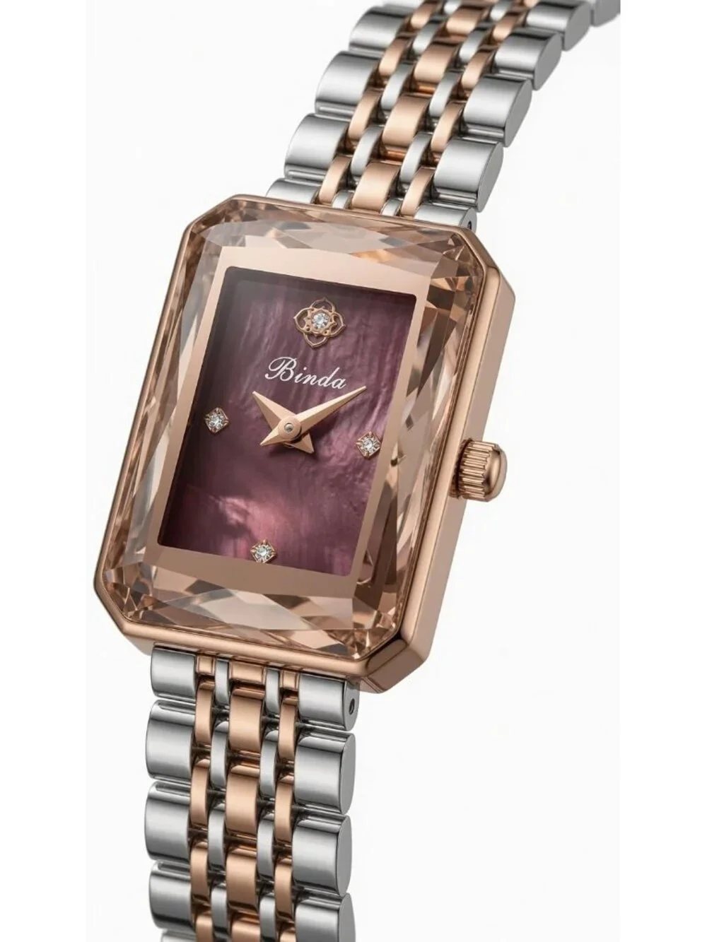 Women's Silver Gold Burgundy Vintage Rectangular Case Stainless Steel Band Watch